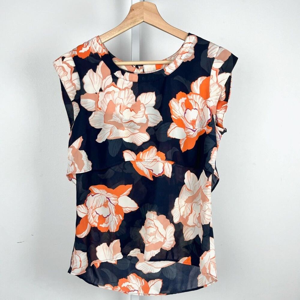 CABI Size XS Blossom Floral Double Layer Top Blouse Cap Sleeve 5030 Blue Orange